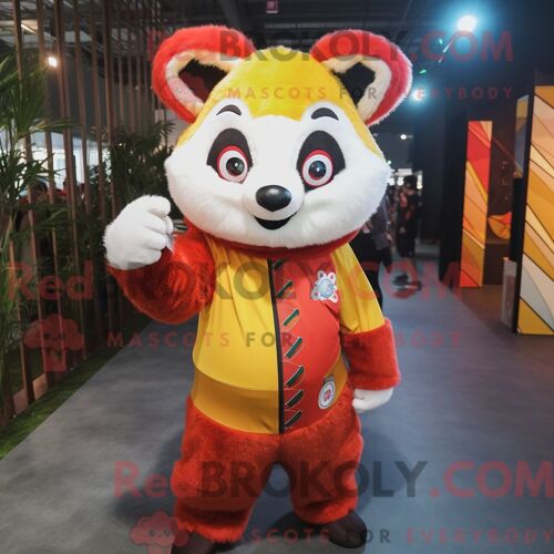 Costume De Mascotte Redbrokoly De Panda Roux Jaune Habillé D Une Combinaison Et De Porte-Clés