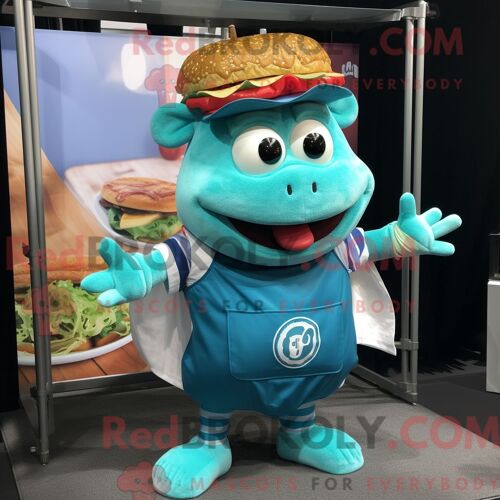 Costume De Mascotte Redbrokoly De Sandwich Au Porc Effiloché Turquoise Habillé D Une Salopette Et De Bandeaux