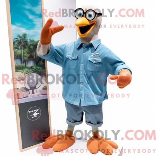Costume De Mascotte Redbrokoly De Mouette Brune Habillé D Une Chemise En Jean Et De Montres Intelligentes