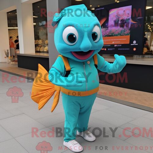 Costume De Mascotte Redbrokoly De Poisson Rouge Turquoise Habillé D Un Débardeur Et De Montres Numériques