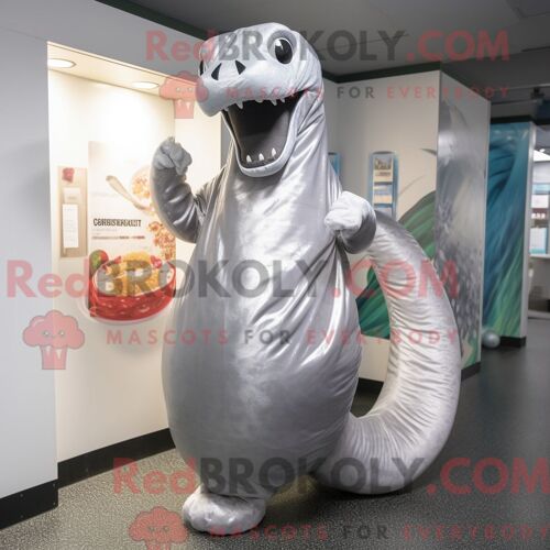 Costume De Mascotte Redbrokoly De Titanoboa Argenté Personnage Habillé Avec Une Robe Droite Et Des Ceintures De Smoking