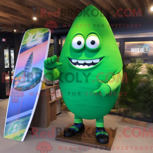 Personnage De Costume De Mascotte Redbrokoly De Planche De Surf Verte Habillé Avec Un Short Et Des Montres