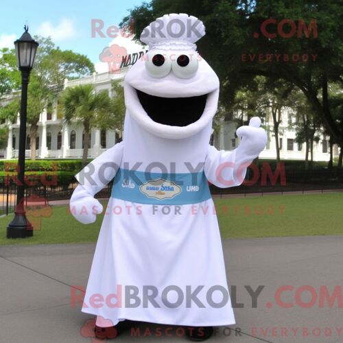 Costume Mascotte Redbrokoly Jambalaya Blanc Personnage Habillé Avec Une Robe De Mariée Et Des Clips Pour Foulard