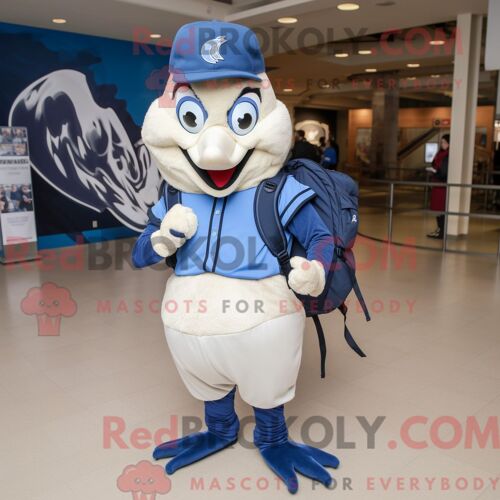 Costume De Mascotte Redbrokoly De Geai Bleu Crème Personnage Habillé Avec Des Leggings Et Des Sacs À Dos
