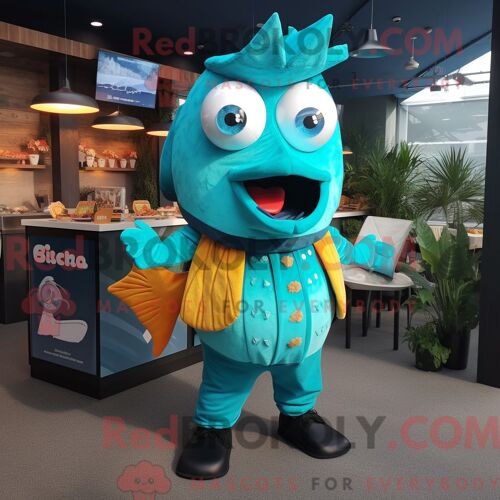 Costume De Mascotte Redbrokoly De Fish And Chips Turquoise Personnage Habillé D Un Bikini Et De Boutons De Manchette