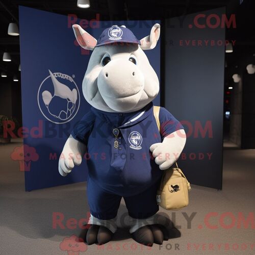 Costume De Mascotte Redbrokoly De Rhinocéros Bleu Marine Habillé D Un T-Shirt À Col En V Et De Sacs Messager
