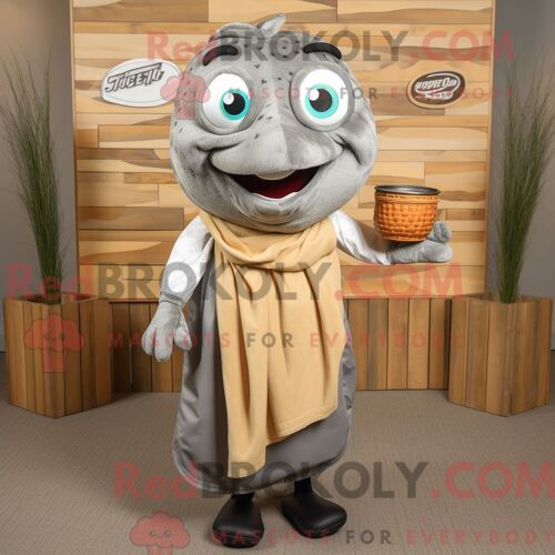 Personnage Mascotte Redbrokoly De Fish And Chips Gris Habillé Avec Un Débardeur Et Des Écharpes