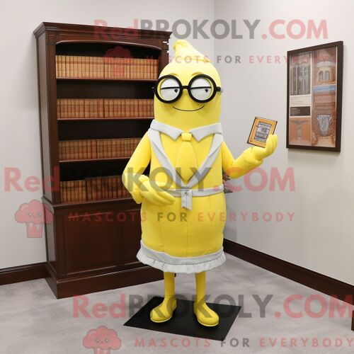 Costume De Mascotte Redbrokoly D Avocat Jaune Citron Habillé D Une Jupe Portefeuille Et De Lunettes De Lecture