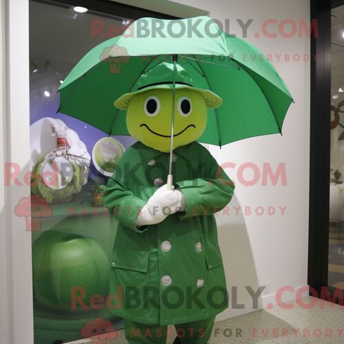 Mascotte Redbrokoly De Balle De Golf Verte Personnage Habillé Avec Un Imperméable Et Des Broches