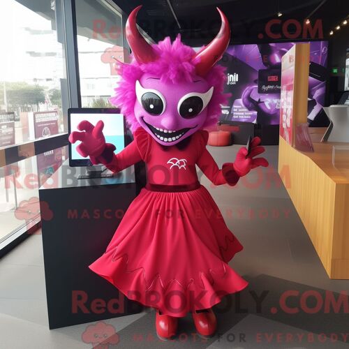 Costume Mascotte Redbrokoly Du Diable Magenta Personnage Habillé Avec Une Robe Midi Et Des Pinces À Cheveux