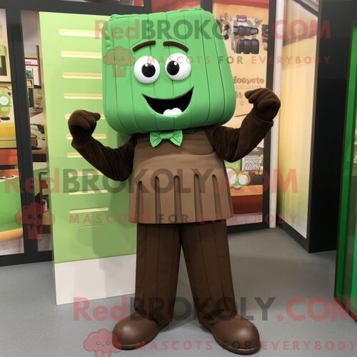 Costume Mascotte Redbrokoly De Barre De Chocolat Vert Personnage Habillé Avec Un Pantalon Chino Et Des Épingles À Cheveux