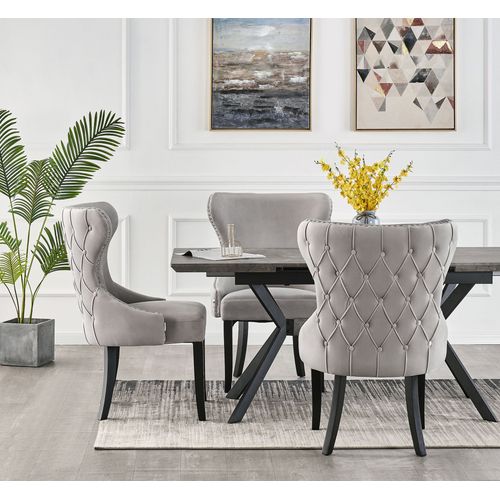 Table À Manger Extensible Effet Marbre Grise & Noire + 4 Chaises En Velours Cloutées Grises - Design & Moderne - L 140-180cm