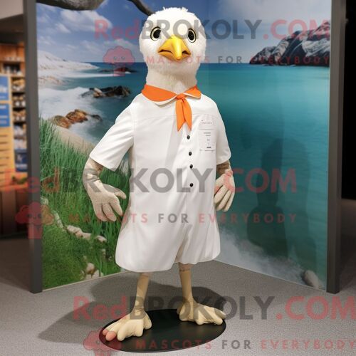 Costume Mascotte Redbrokoly De Mouette Beige Habillé D Une Chemise Oxford Et De Coussinets De Pieds