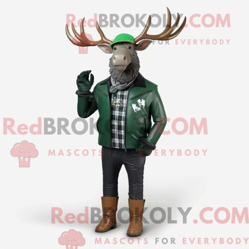 Costume De Mascotte Redbrokoly D Élan Irlandais Vert Forêt Habillé D Une Veste De Motard Et De Noeuds Papillons