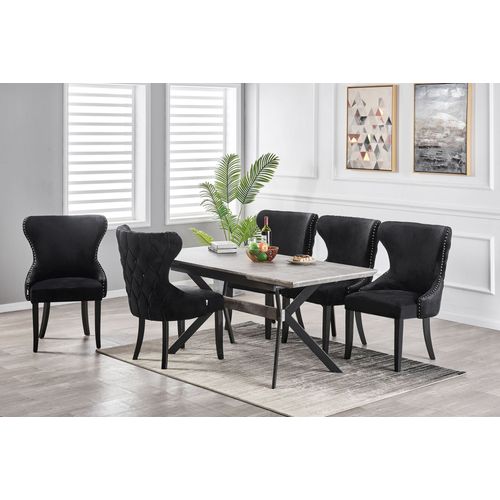 Table À Manger Extensible Effet Marbre Grise & Noire + 4 Chaises En Velours Cloutées Noires - Design & Moderne - L 140-180cm