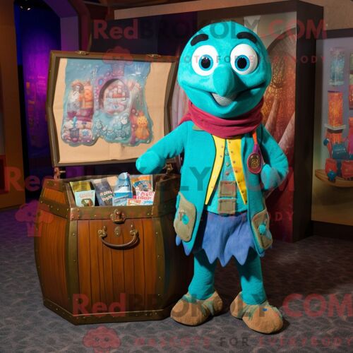 Costume De Mascotte Redbrokoly De Coffre Au Trésor Bleu Sarcelle Habillé D Un Cardigan Et De Sacs Fourre-Tout