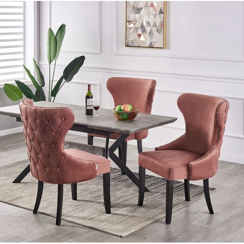 Table À Manger Extensible Effet Marbre Grise & Noire + 4 Chaises En Velours Cloutées Roses - Design & Moderne - L 140-180cm