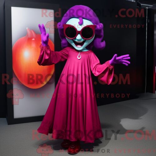 Personnage De Costume De Mascotte Redbrokoly De Vampire Magenta Habillé Avec Une Robe Trapèze Et Des Lunettes De Soleil