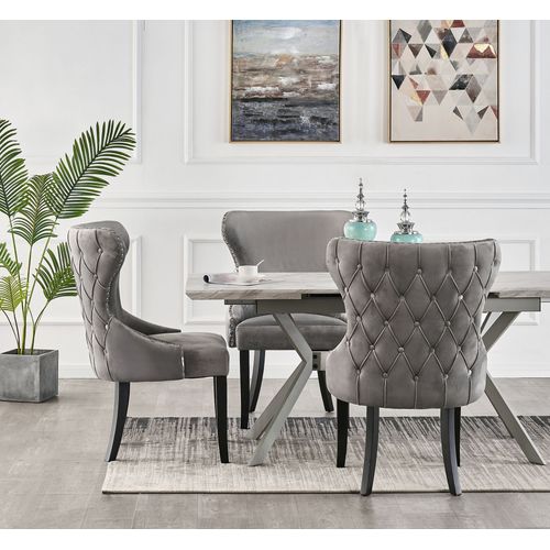 Table À Manger Extensible Effet Marbre Blanche & Grise + 4 Chaises En Velours Cloutées Gris Foncé - Design & Moderne - L 140-180cm