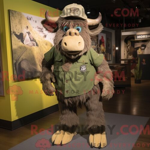 Costume De Mascotte Redbrokoly Olive Buffalo Habillé D Un T-Shirt Graphique Et D Épingles À Chapeau