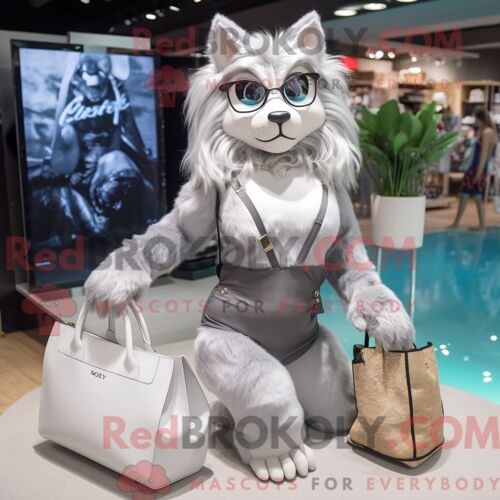 Costume Mascotte Redbrokoly De Lynx Argenté Habillé D Un Maillot De Bain Une Pièce Et De Sacs À Main