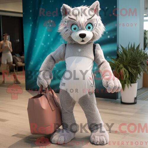 Costume Mascotte Redbrokoly De Lynx Argenté Habillé D Un Maillot De Bain Une Pièce Et De Sacs À Main