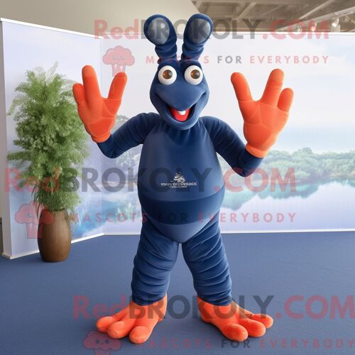Costume De Mascotte Redbrokoly De Homard Bleu Marine Habillé D Un Pantalon De Yoga Et De Cravates