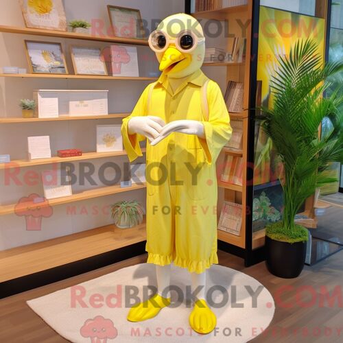Costume De Mascotte Redbrokoly D Albatros Jaune Citron Habillé D Une Barboteuse Et De Lunettes De Lecture