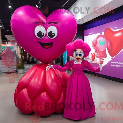 Personnage De Costume De Mascotte Redbrokoly De Ballons En Forme De Coeur Magenta Habillé Avec Une Robe De Bal Et Des Porte-Monnaie