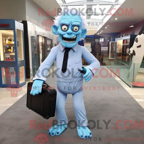 Costume De Mascotte Redbrokoly De Frankenstein Bleu Ciel Habillé D Une Chemise Henley Et De Porte-Documents