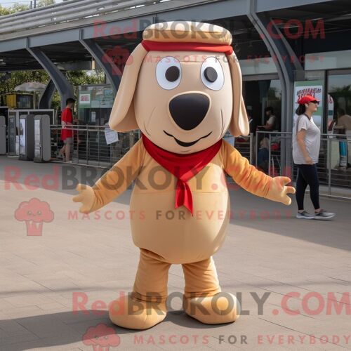 Costume Mascotte Redbrokoly De Hot Dog Beige Personnage Habillé Avec Une Combishort Et Des Chapeaux