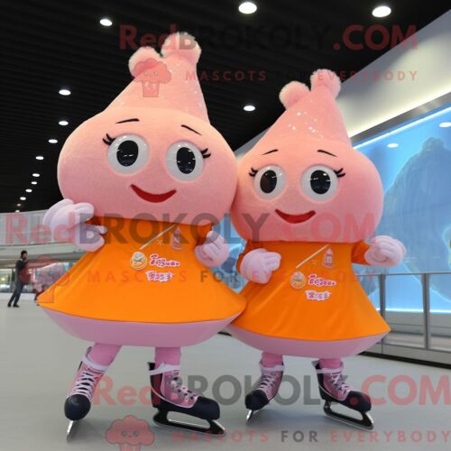 Costume De Mascotte Redbrokoly De Paire De Patins À Glace Peach Habillé Avec Une Mini-Jupe Et Des Épingles À Cheveux