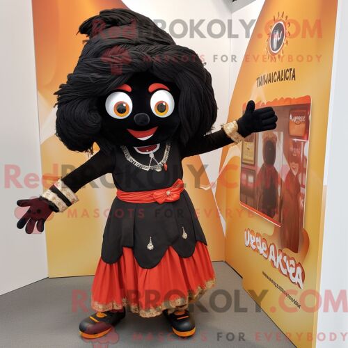 Costume Mascotte Redbrokoly De Tikka Masala Noir Personnage Habillé Avec Une Jupe-Culotte Et Des Broches