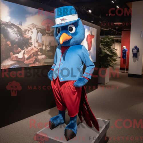 Costume De Mascotte Redbrokoly De Geai Bleu Rouge Habillé Avec Une Robe Fourreau Et Des Casquettes