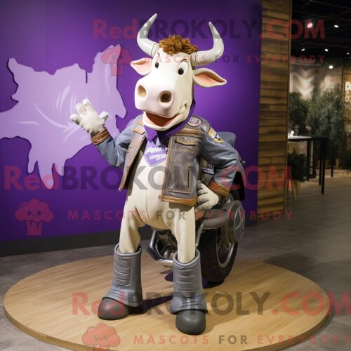 Costume Mascotte Redbrokoly De Zébu Lavande Habillé Avec Une Veste De Moto Et Des Bandeaux