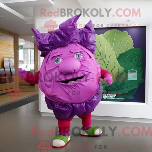 Personnage De Costume De Mascotte Redbrokoly De Ballons En Forme De Coeur Magenta Habillé Avec Une Robe De Bal Et Des Porte-Monnaie