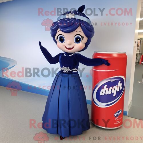 Costume De Mascotte Redbrokoly De Canette De Soda Bleu Marine Habillé D Une Robe De Cocktail Et De Pinces À Cheveux