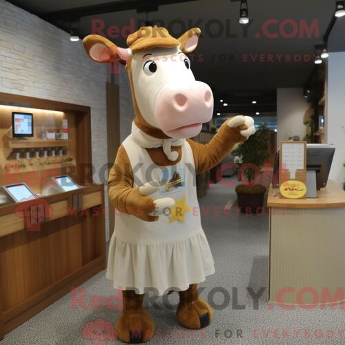 Mascotte Redbrokoly De Vache De Guernesey Beige Costume De Personnage Habillé Avec Une Robe Et Des Bonnets