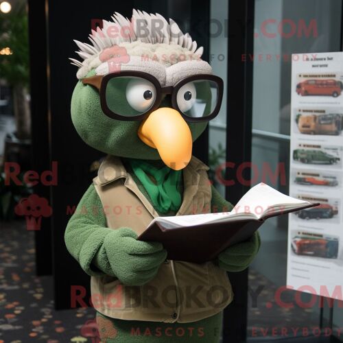 Costume De Mascotte Redbrokoly De Dinde Verte Personnage Habillé D Un Blouson Aviateur Et De Lunettes De Lecture