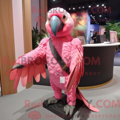 Costume Mascotte Redbrokoly De Perroquet Rose Habillé D Un Gilet Et D Une Écharpe