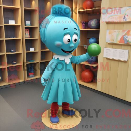Costume Mascotte Redbrokoly De Turquoise Juggle Personnage Habillé Avec Une Jupe Crayon Et Des Broches