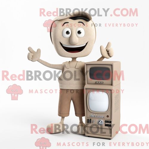 Costume Mascotte Redbrokoly De Télévision Beige Personnage Habillé Avec Un Tee-Shirt Et Des Bretelles