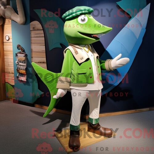 Costume De Mascotte Redbrokoly D Espadon Vert Personnage Habillé D Une Chemise Oxford Et De Pinces À Chaussures