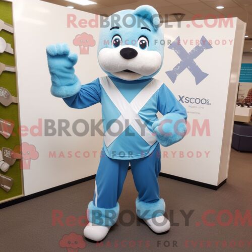 Costume Mascotte Redbrokoly De Croix Celtique Bleu Ciel Habillé Avec Un Pantalon De Jogging Et Des Gants