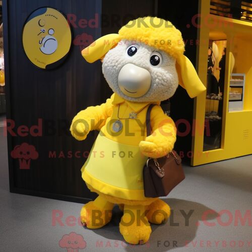 Costume De Mascotte Redbrokoly De Mouton Jaune Habillé D Une Jupe Portefeuille Et De Sacs Messager