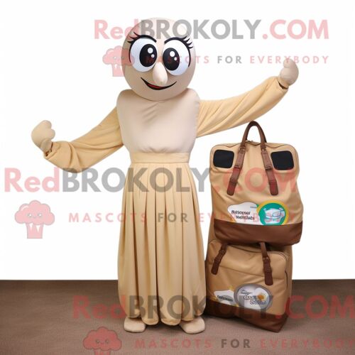 Mascotte Redbrokoly De Montre-Bracelet Beige Personnage Habillé Avec Une Robe Longue Et Des Porte-Documents