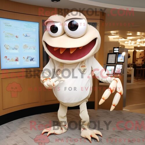 Costume De Mascotte Redbrokoly De Crabe Crème Habillé D Une Chemise Henley Et De Boucles D Oreilles