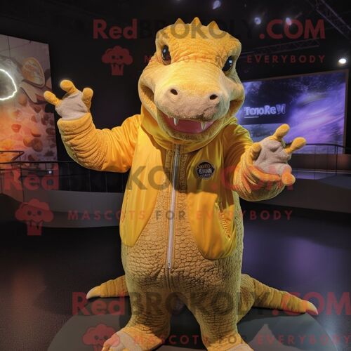 Costume Mascotte Redbrokoly De Crocodile Doré Personnage Habillé Avec Un Sweat Et Des Mitaines