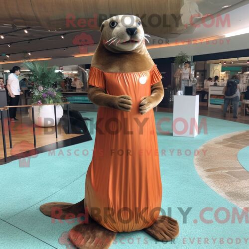 Costume De Mascotte Redbrokoly D Otarie Rouille Personnage Habillé D Une Robe Taille Empire Et De Pinces À Cheveux