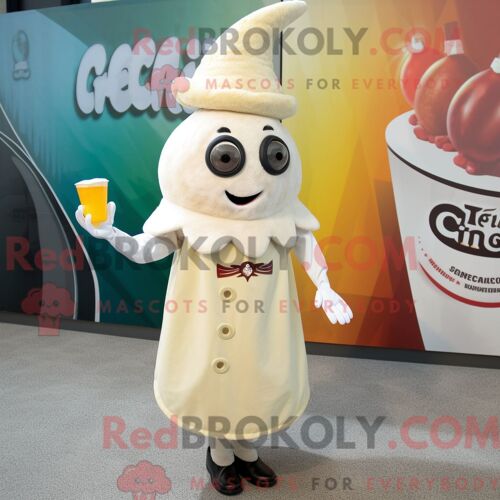 Costume Mascotte Redbrokoly De Ceviche Crème Habillé D Une Robe De Cocktail Et De Bérets